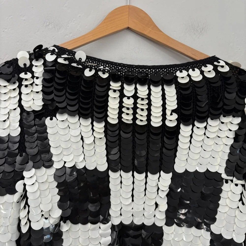 Vintage Sequin Sweater Women Size Small? Black White Checkered Hand Knit Wool - Picture 3 of 11